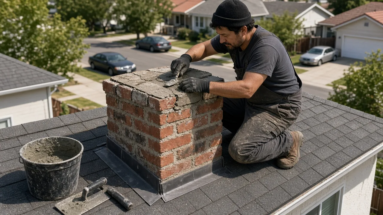 Mason repairing a brick chimney crown on a San Jose California home rooftop