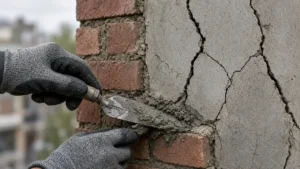 Close-up of cracked brick chimney mortar joints needing masonry repair