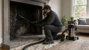 Chimney sweep cleaning a soot-lined fireplace firebox with brush and HEPA vacuum in a Bay Area home
